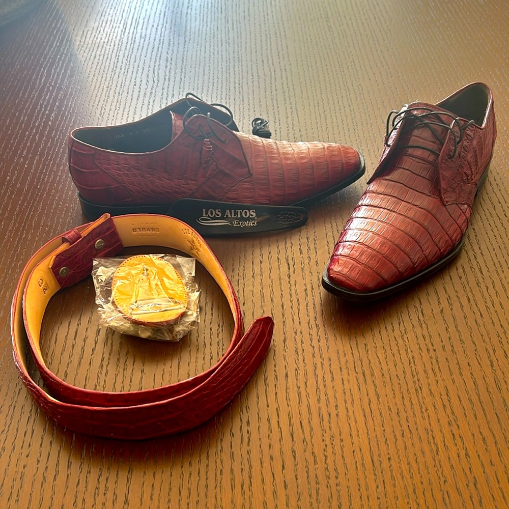 NIB Los Altos crocodile skin burgundy dress shoes & belt. Size 8.5 / 34
